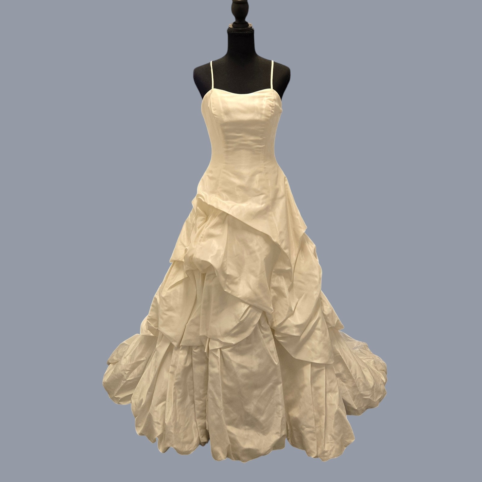 Zurc Bridal Wedding Gown Size 8 White Satin Tiered Pick Up Cathedral Train